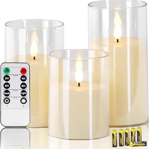 UNICASA™ Flameless Candles Flickering Battery Operated Candles Set of 3(H 6″ x D 3) Outdoor LED Glass Candles Include Realistic Moving Wick and 10-Key Remote Control with 24-Hour Timer(Ivory)