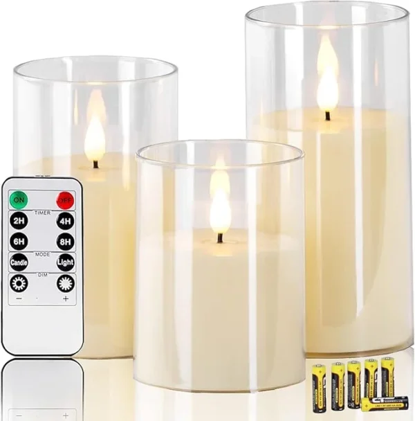 UNICASA™ Flameless Candles Flickering Battery Operated Candles Set of 3(H 6" x D 3) Outdoor LED Glass Candles Include Realistic Moving Wick and 10-Key Remote Control with 24-Hour Timer(Ivory)