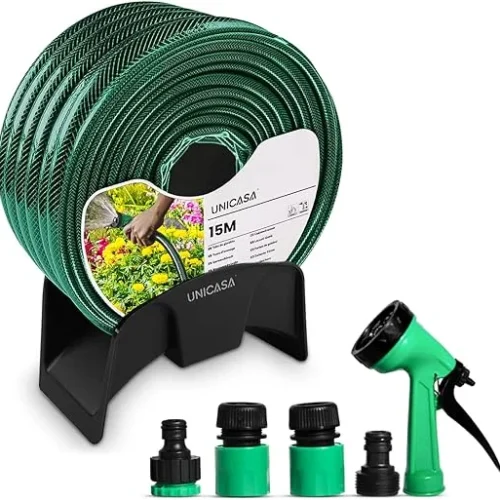 UNICASA™ 15-Meter Expandable Garden Hose Set with Thread Connectors and Sprayer – Lightweight and Durable, No-Kink with High-Performance Connectors, Lead-Free, Drinking Water Safe