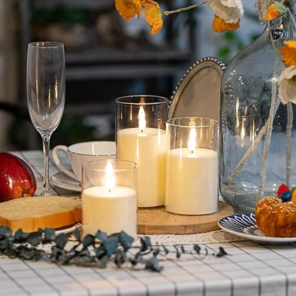 UNICASA™ Flameless Candles Flickering Battery Operated Candles Set of 3(H 6" x D 3) Outdoor LED Glass Candles Include Realistic Moving Wick and 10-Key Remote Control with 24-Hour Timer(Ivory) - Image 3